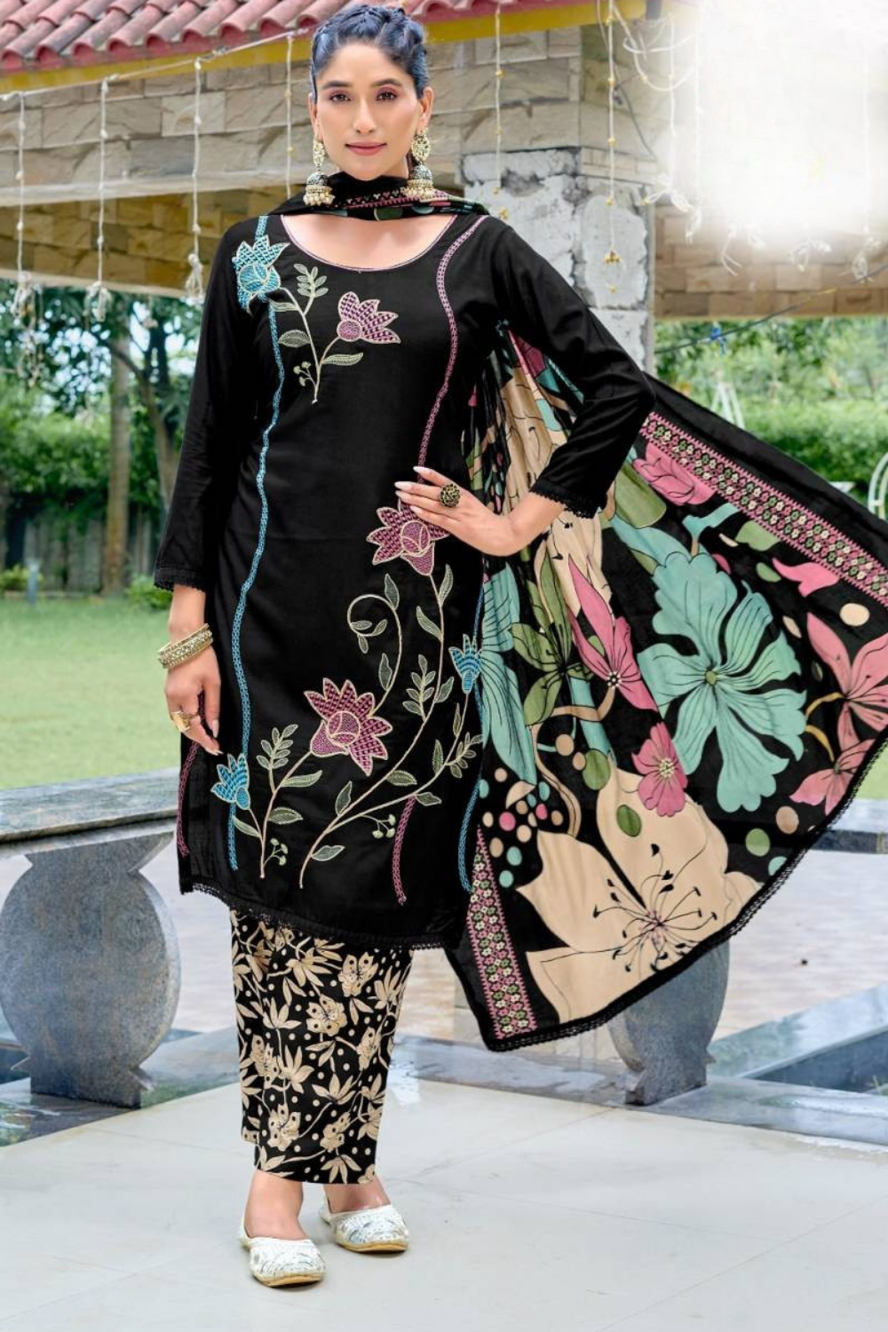 Black Floral Suits (Unstitched)