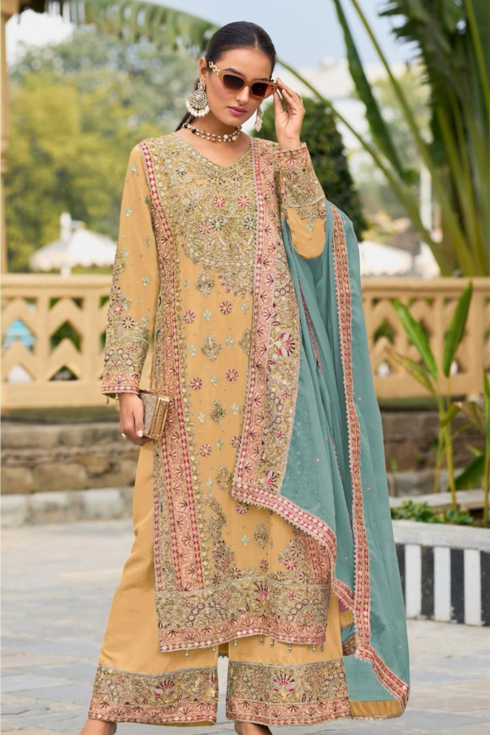 Ragga Chiffon Kalamkari Work Palazzo Suits