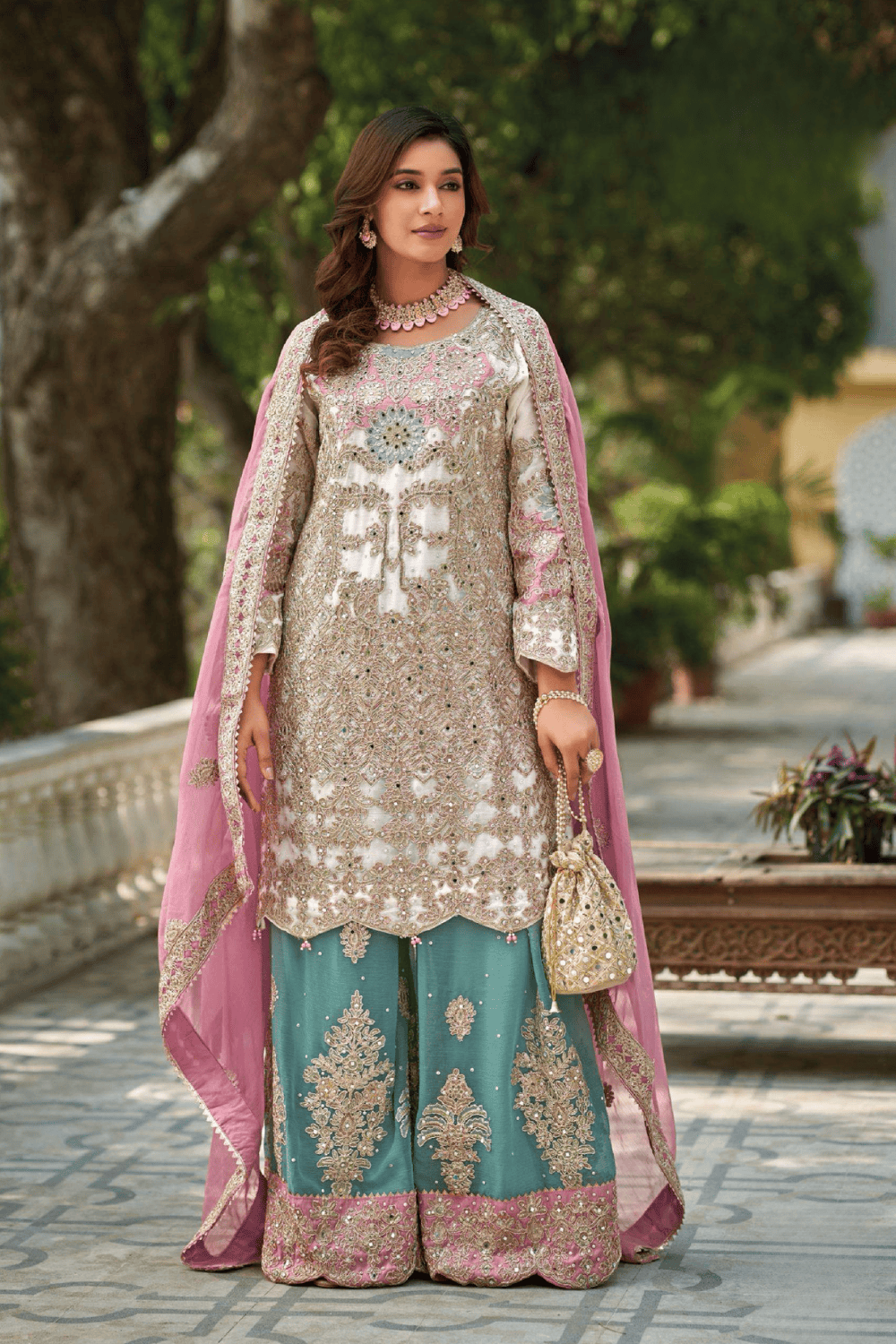 White Combos of Ragga Chiffon Shararas