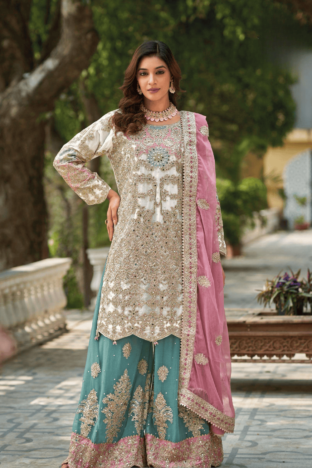 White Combos of Ragga Chiffon Shararas