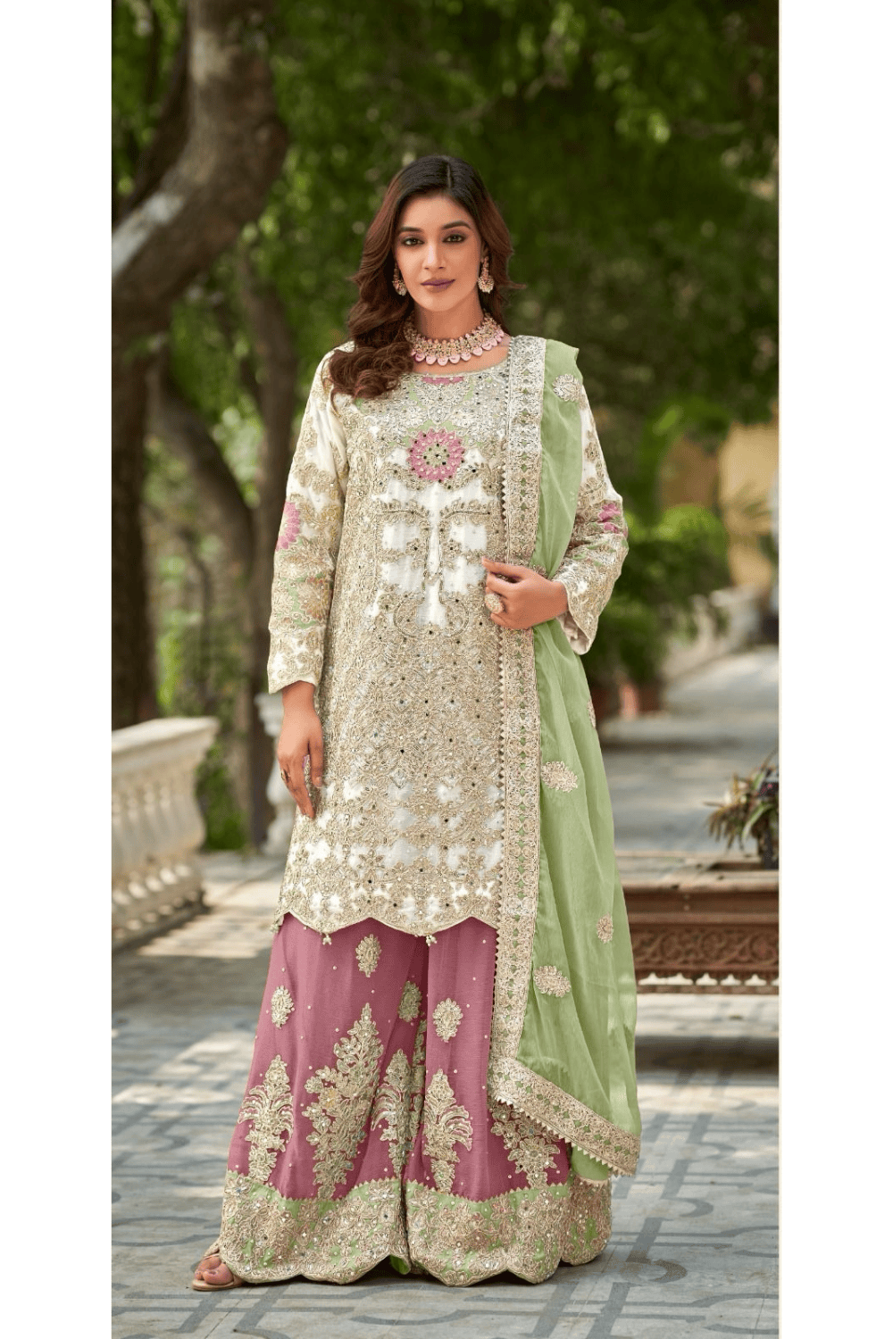 White Combos of Ragga Chiffon Shararas