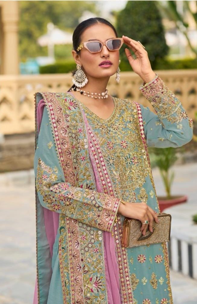 Ragga Chiffon Kalamkari Work Palazzo Suits
