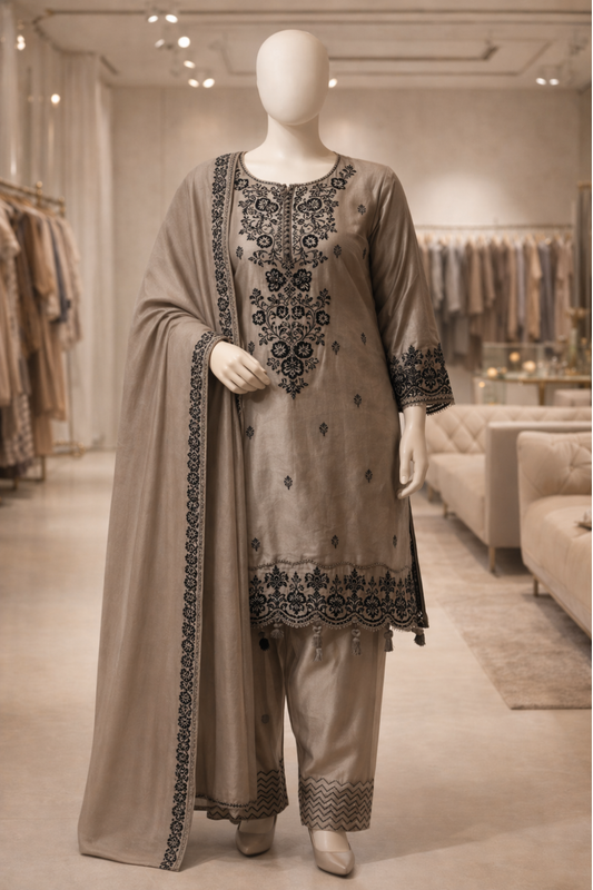 Rayon Satin Embroidered Suit (Readymade in Plus Sizes)
