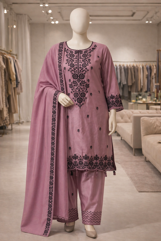 Rayon Satin Embroidered Suit (Readymade in Plus Sizes)