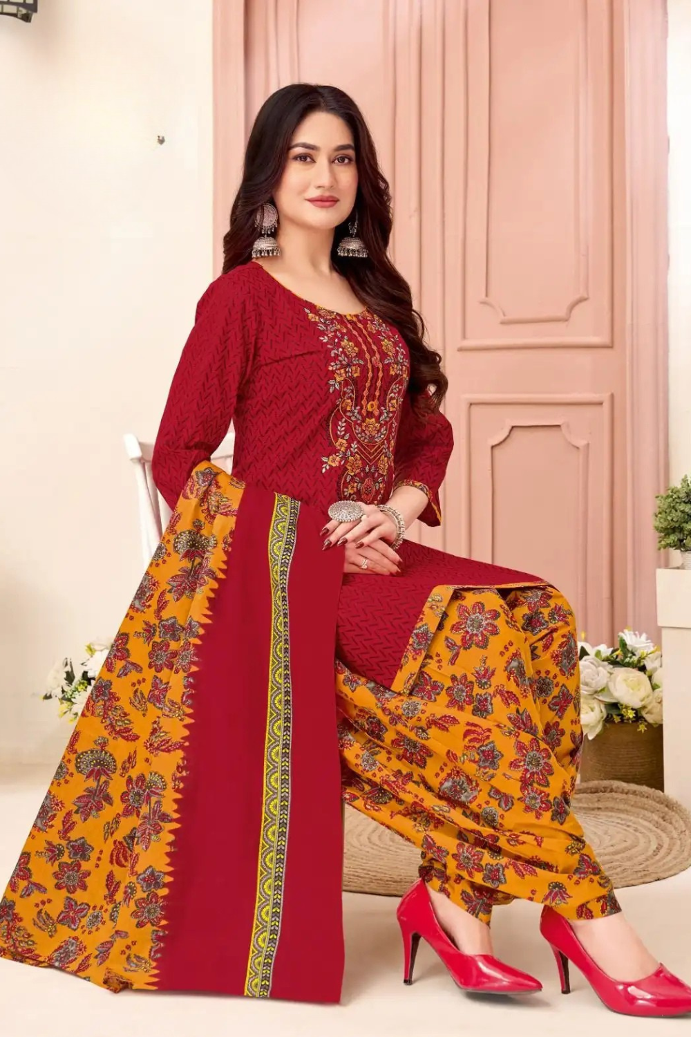 Readymade Neck Embroidered Cotton Suits