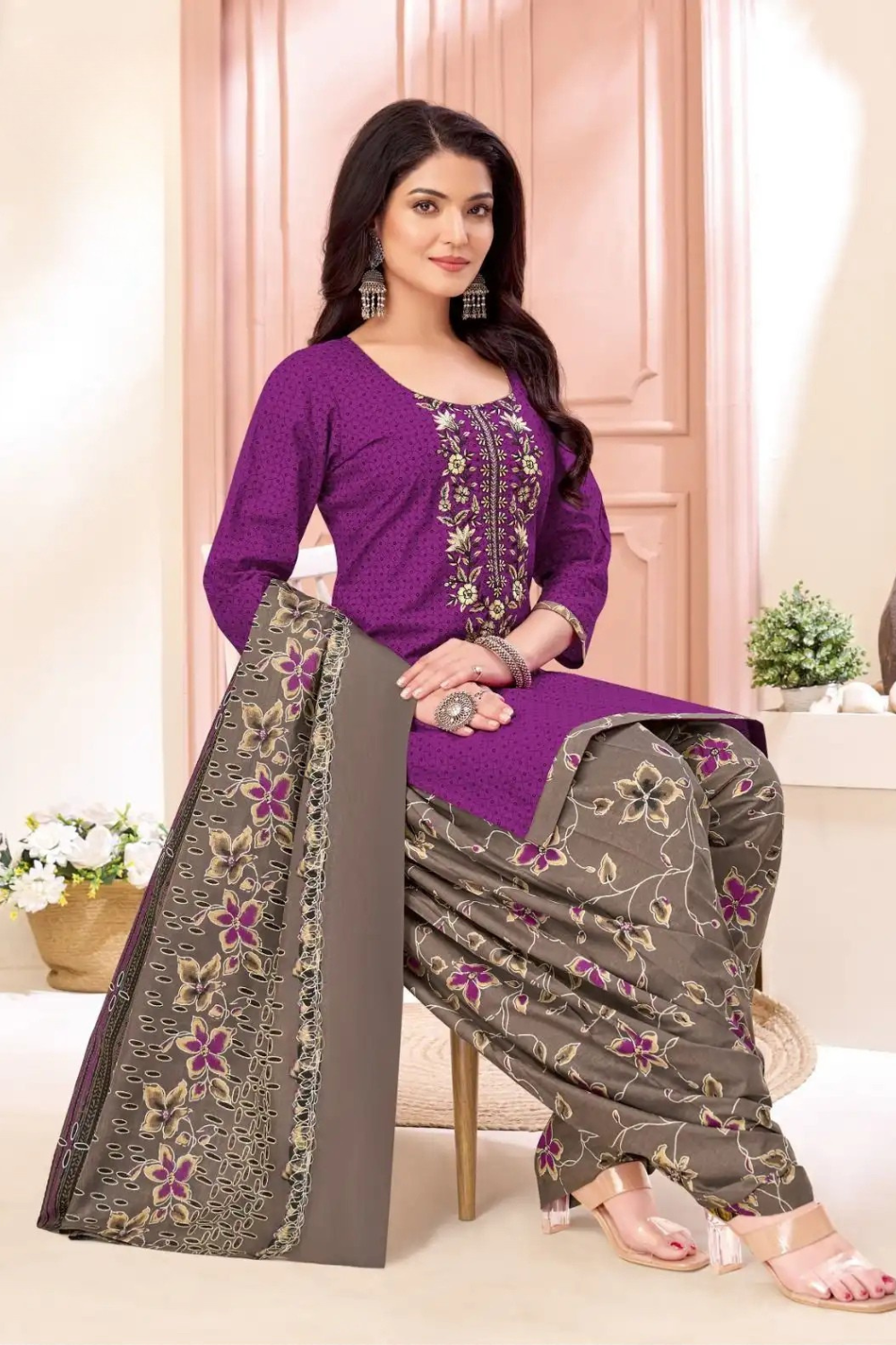 Readymade Neck Embroidered Cotton Suits