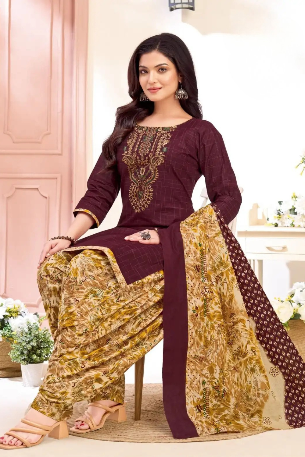 Readymade Neck Embroidered Cotton Suits