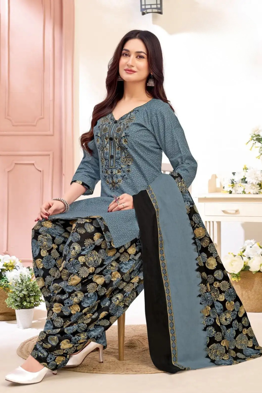 Readymade Neck Embroidered Cotton Suits