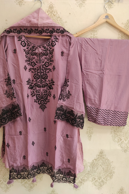 Rayon Satin Embroidered Suit (Readymade in Plus Sizes)