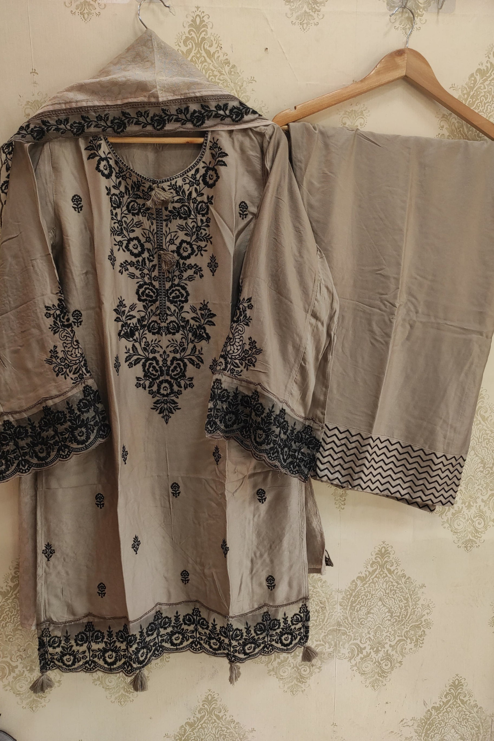 Rayon Satin Embroidered Suit (Readymade in Plus Sizes)