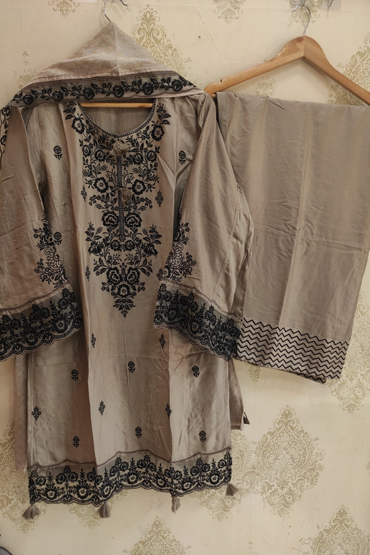 Rayon Satin Embroidered Suit (Readymade in Plus Sizes)
