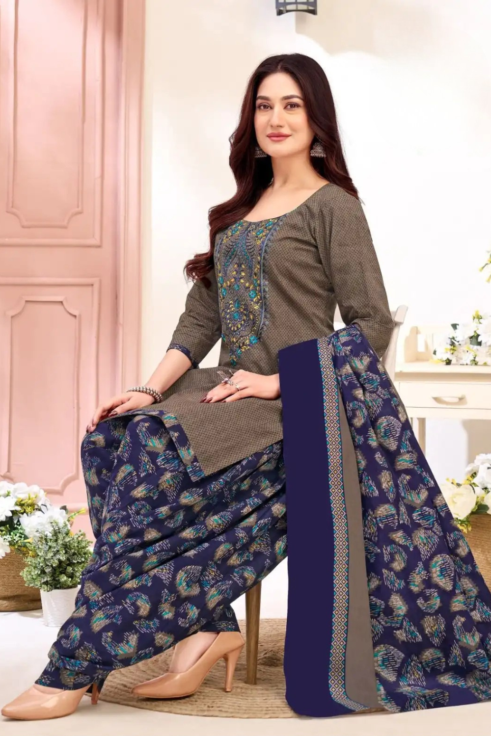 Readymade Neck Embroidered Cotton Suits