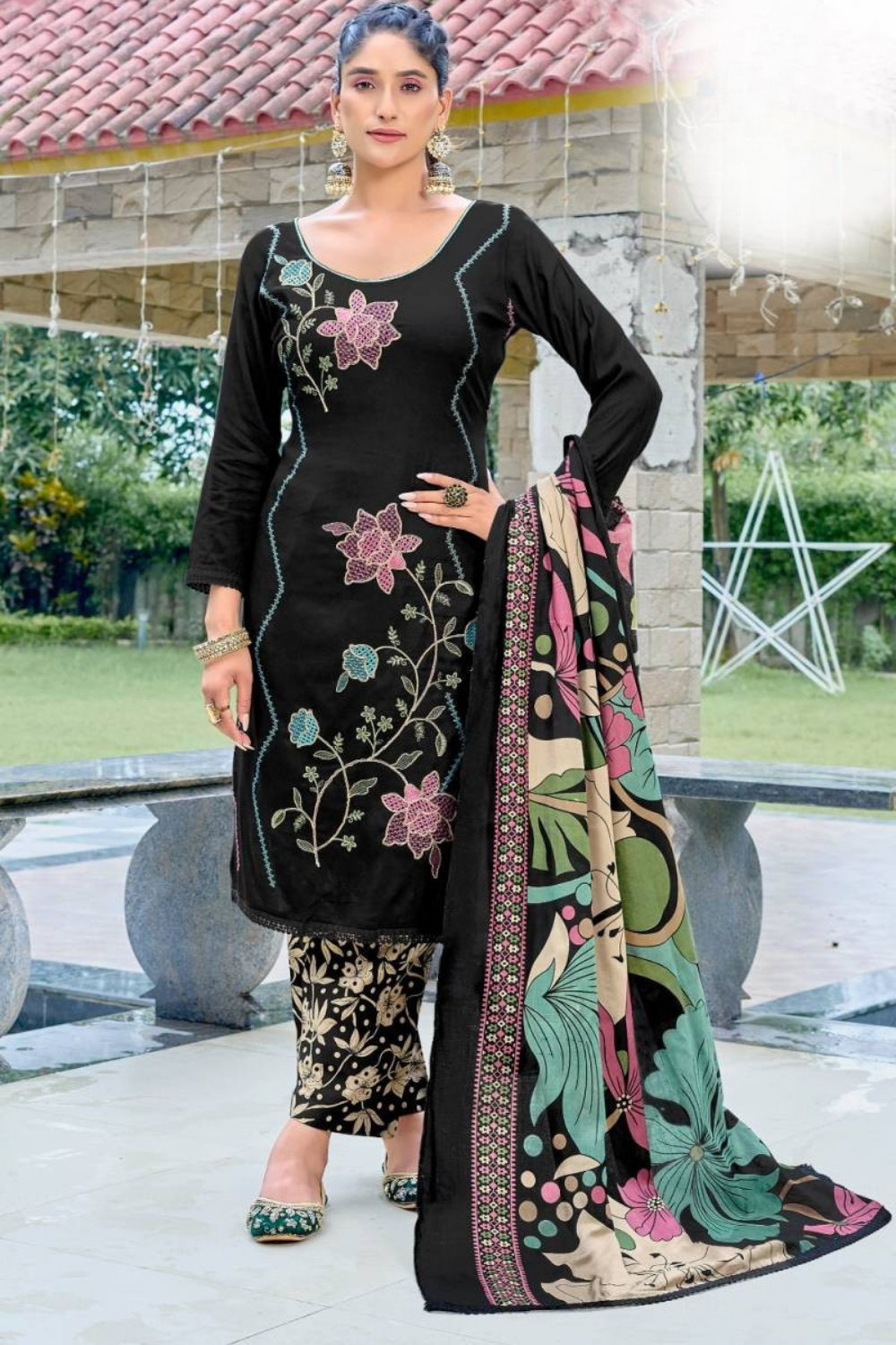 Black Floral Suits (Unstitched)