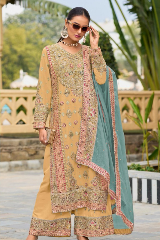 Ragga Chiffon Kalamkari Work Palazzo Suits