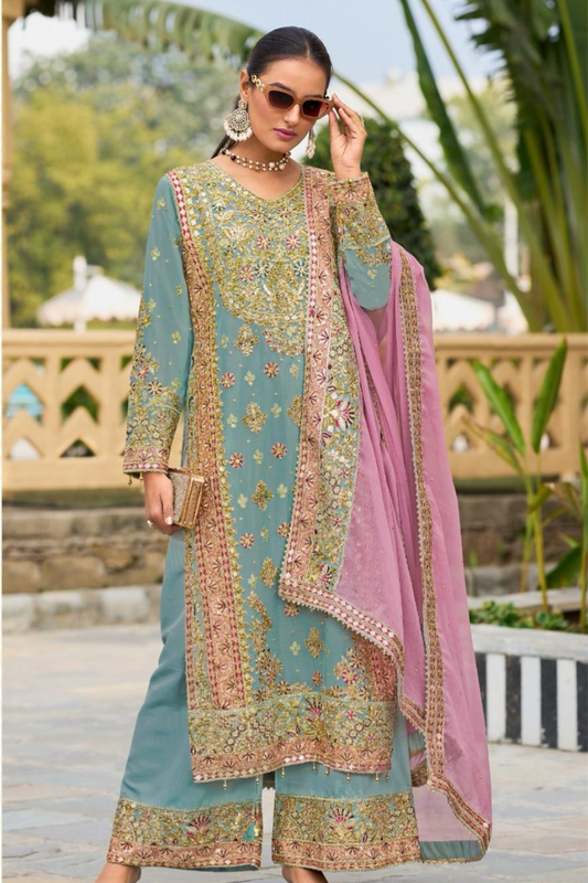 Ragga Chiffon Kalamkari Work Palazzo Suits