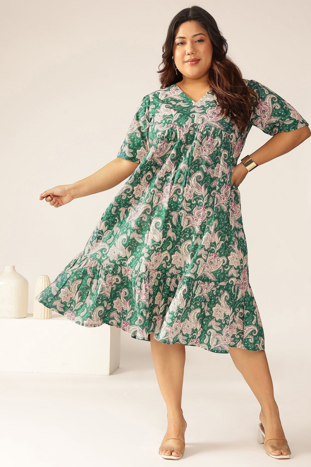 Plus Size Green Pure Cotton Floral Printed Tiered Dress