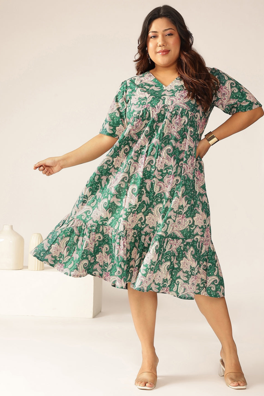 Plus Size Green Pure Cotton Floral Printed Tiered Dress