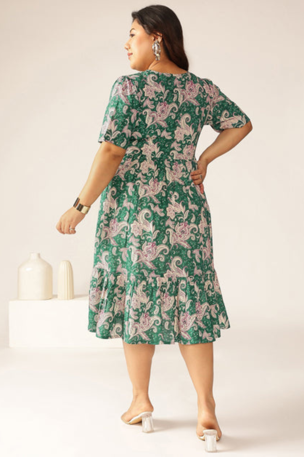 Plus Size Green Pure Cotton Floral Printed Tiered Dress