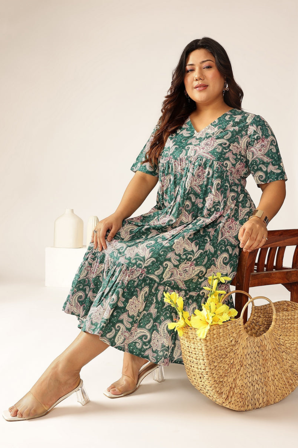 Plus Size Green Pure Cotton Floral Printed Tiered Dress