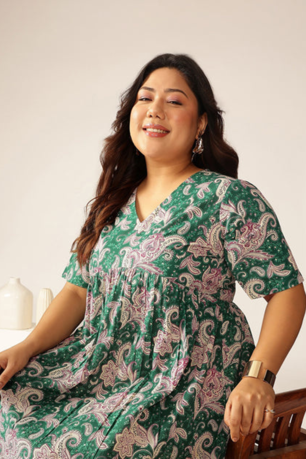 Plus Size Green Pure Cotton Floral Printed Tiered Dress