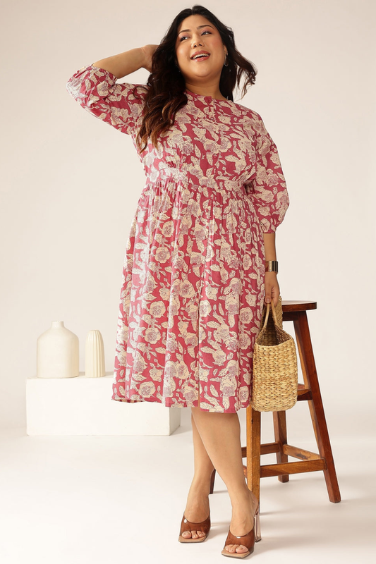 Plus Size Mauve Pure Cotton Floral Printed Gathered Dress