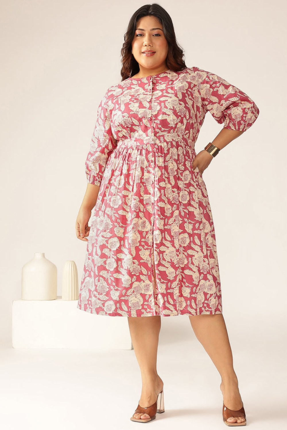 Plus Size Mauve Pure Cotton Floral Printed Gathered Dress