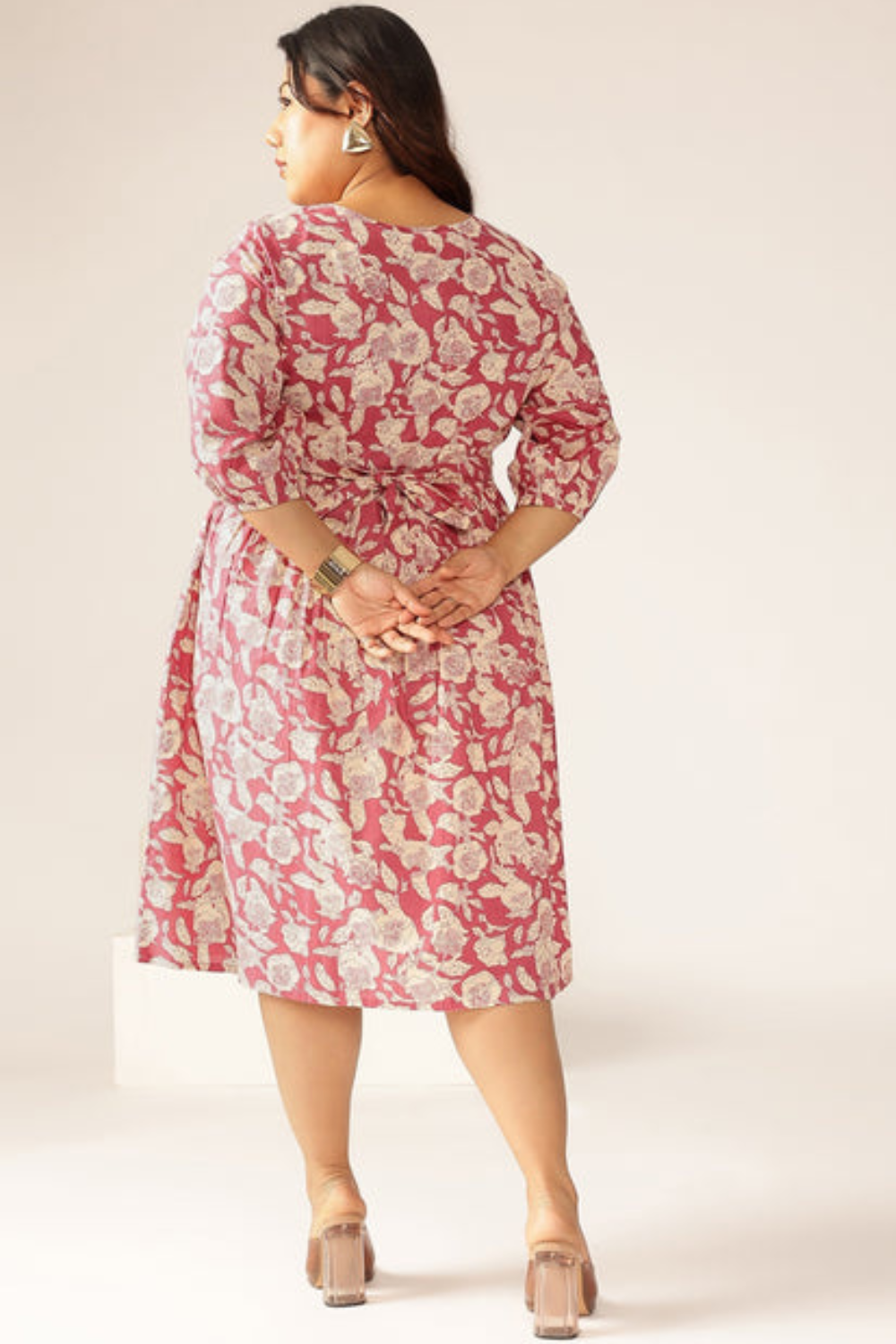 Plus Size Mauve Pure Cotton Floral Printed Gathered Dress