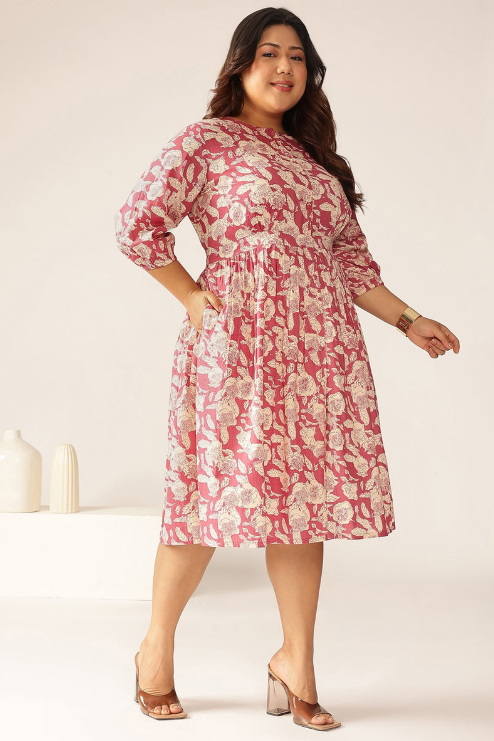 Plus Size Mauve Pure Cotton Floral Printed Gathered Dress