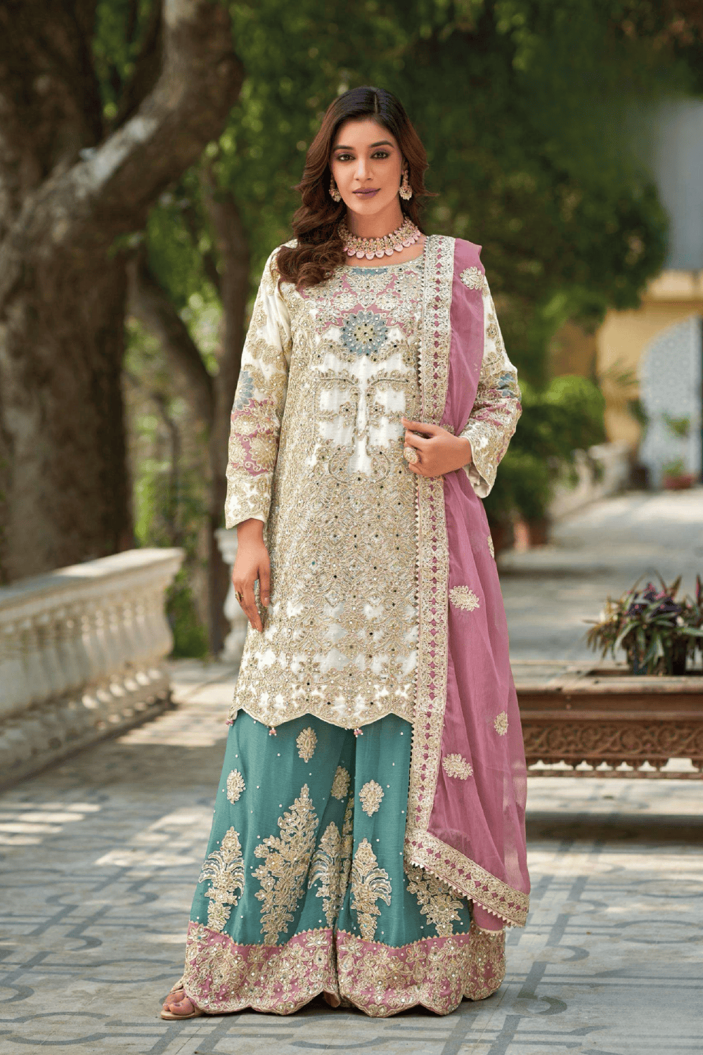 White Combos of Ragga Chiffon Shararas