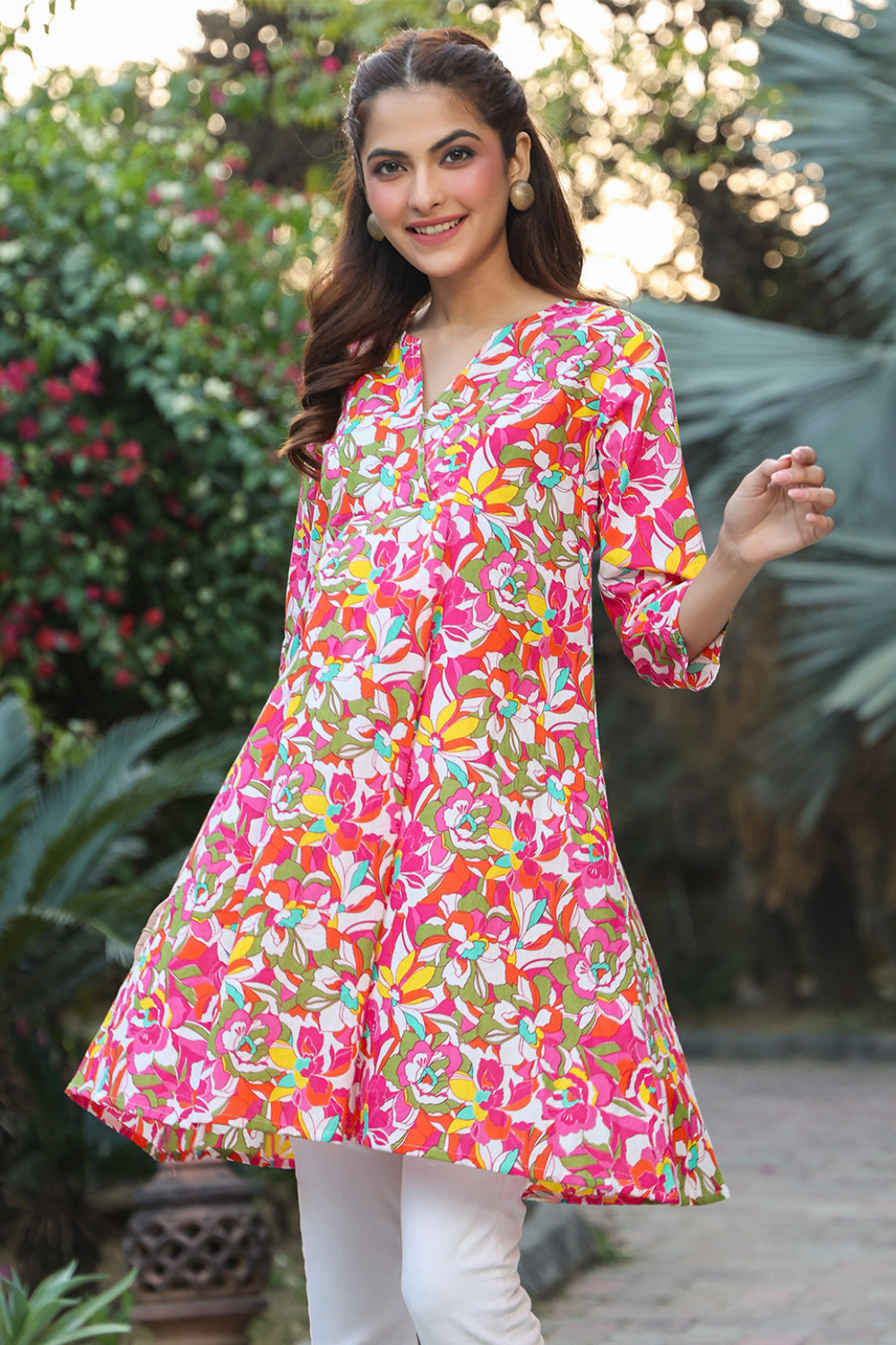 Multicolor Pure Cotton Floral Printed A-line Tunic