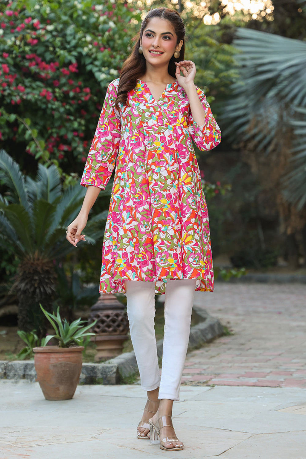 Multicolor Pure Cotton Floral Printed A-line Tunic