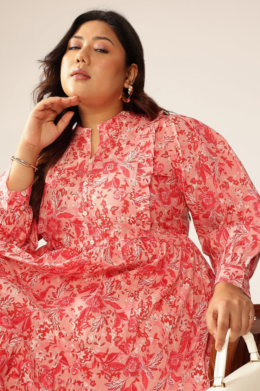 Plus Size Pink Pure Cotton Floral Printed Tiered Dress