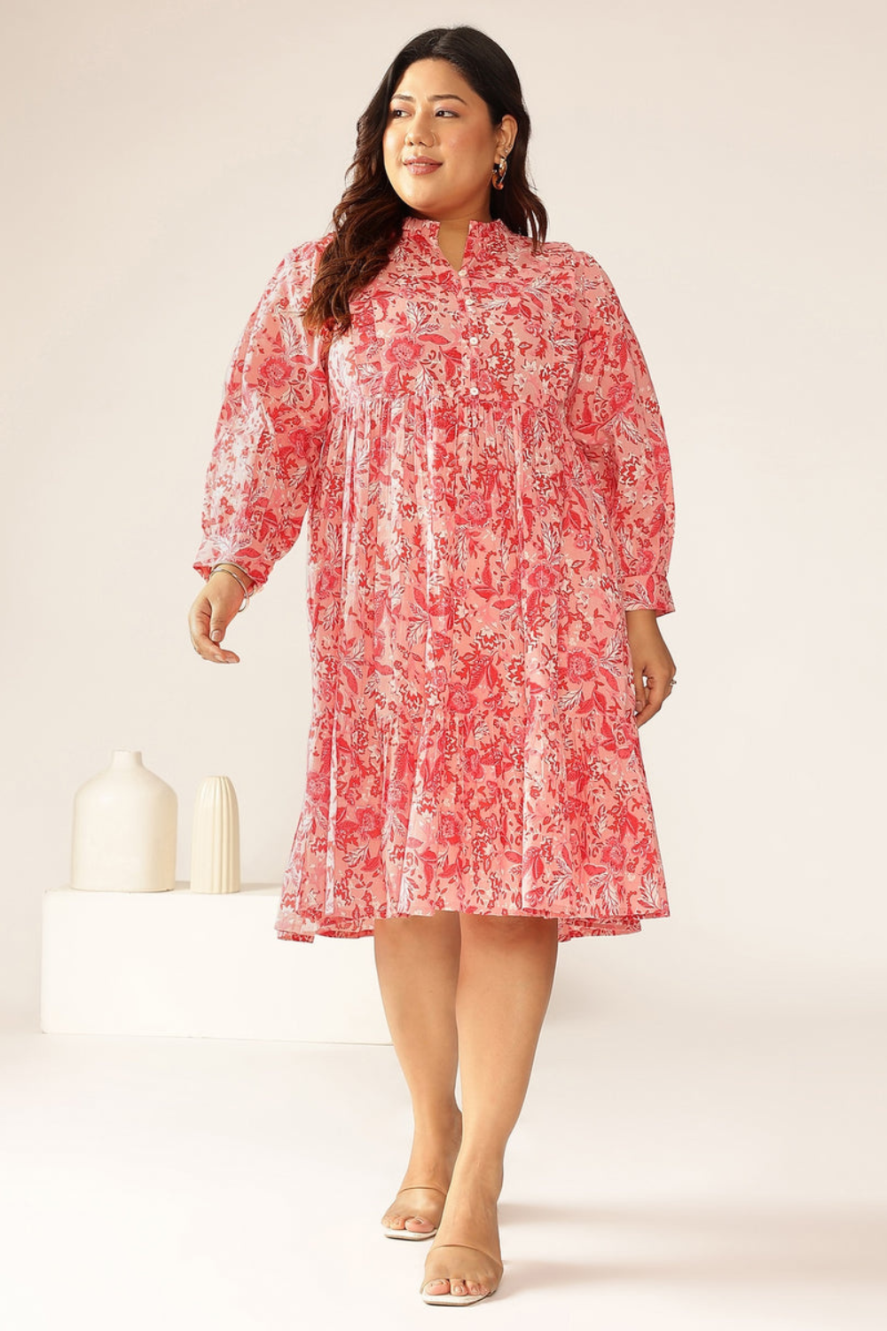 Plus Size Pink Pure Cotton Floral Printed Tiered Dress