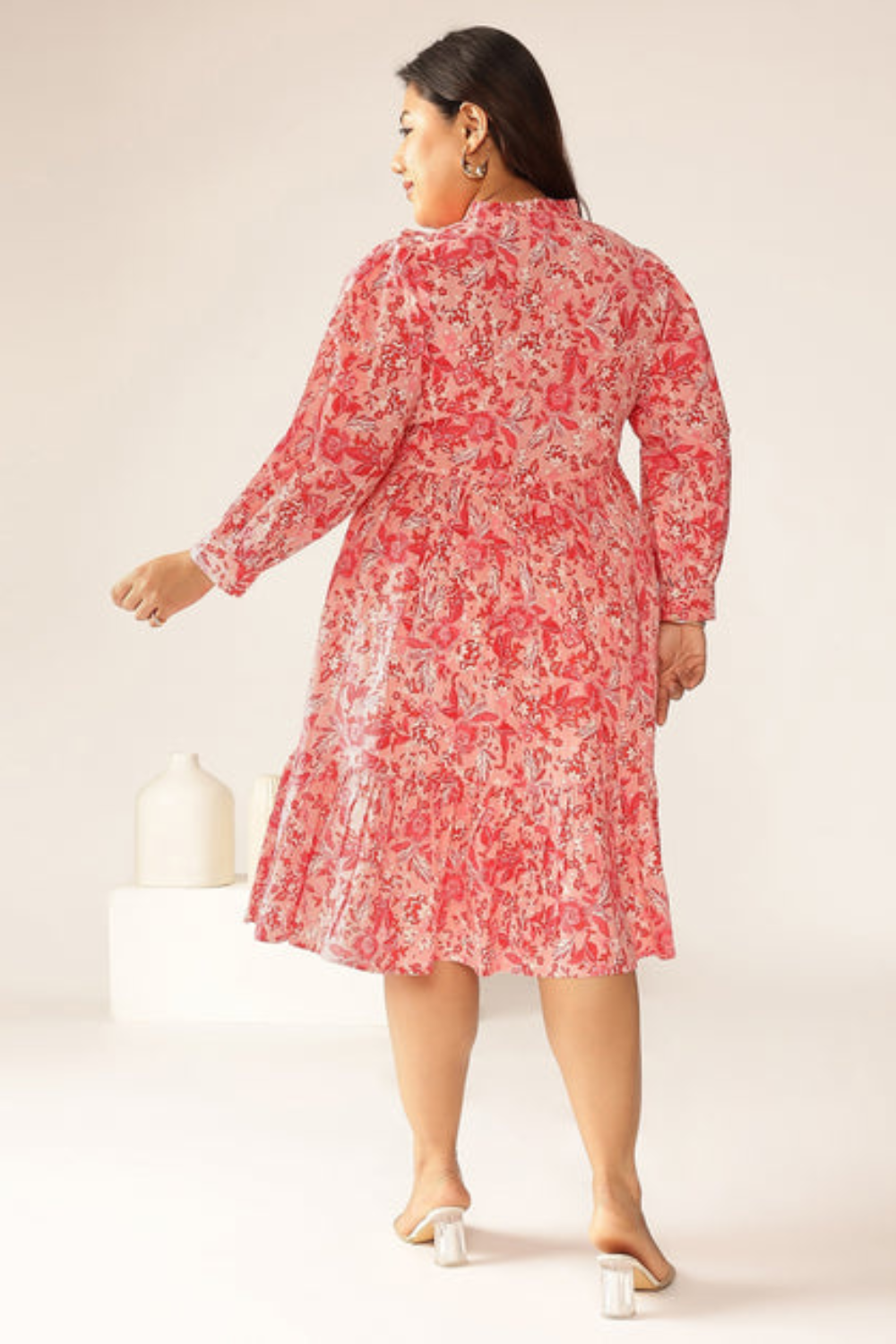Plus Size Pink Pure Cotton Floral Printed Tiered Dress
